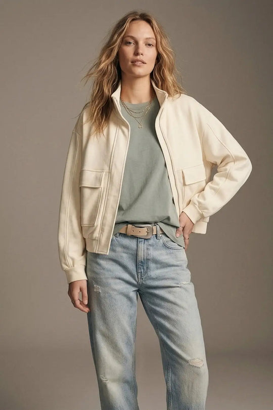 Cream viscose High Collar Pocket Front Relaxed Fit Bomber Jacket - Jackets