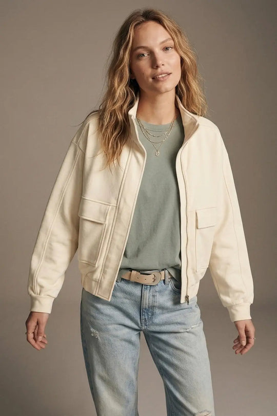 Cream viscose High Collar Pocket Front Relaxed Fit Bomber Jacket - Jackets