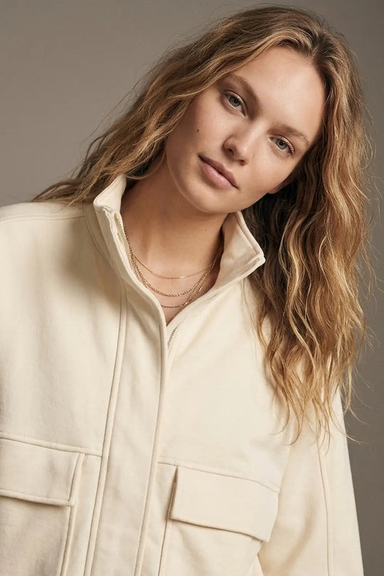 Cream viscose High Collar Pocket Front Relaxed Fit Bomber Jacket - Jackets