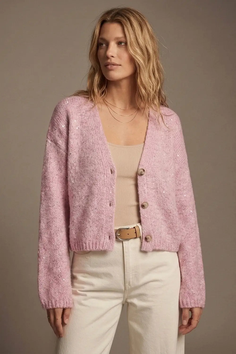 Pink fluffy Knit Button Front Relaxed Fit Cardigan with sequin details - PINK / ONE - Cardigans