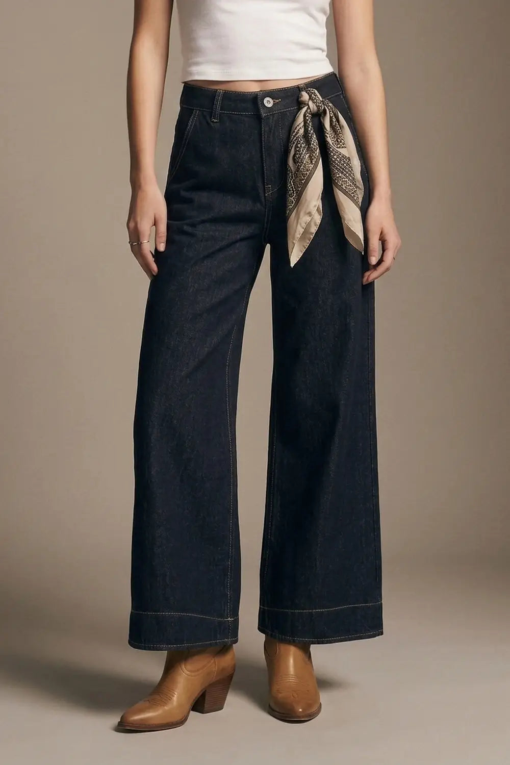 Dark Denim Wide-Leg Jeans with Contrast Stitching