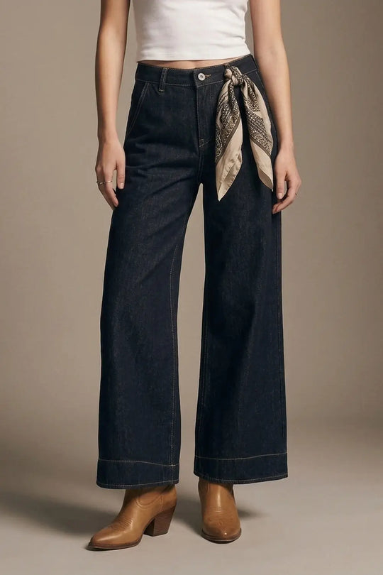 Dark Denim Wide-Leg Jeans with Contrast Stitching