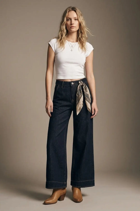 Dark Denim Wide-Leg Jeans with Contrast Stitching