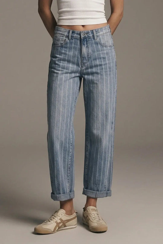 Stripe Design stretch Denim mom Leg Jeans in medium wash