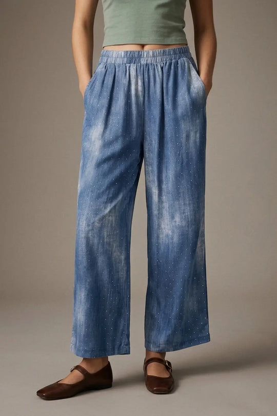 Blue Tie-Dye chiffon Elastic Waist Pants with embellished strass - Pants