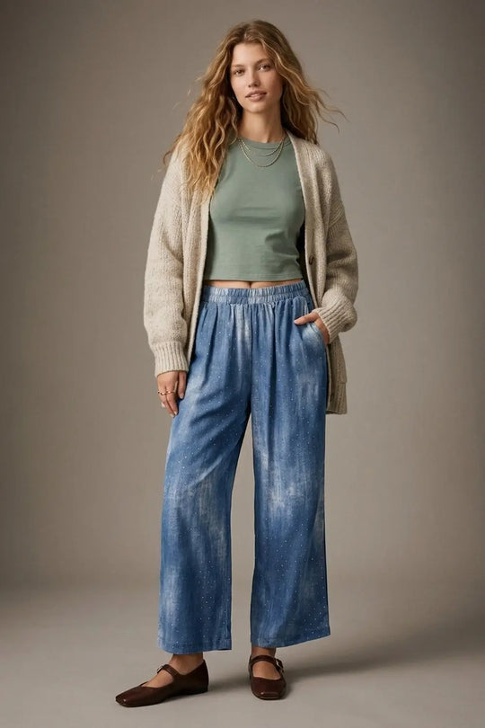 Blue Tie-Dye chiffon Elastic Waist Pants with embellished strass - Pants