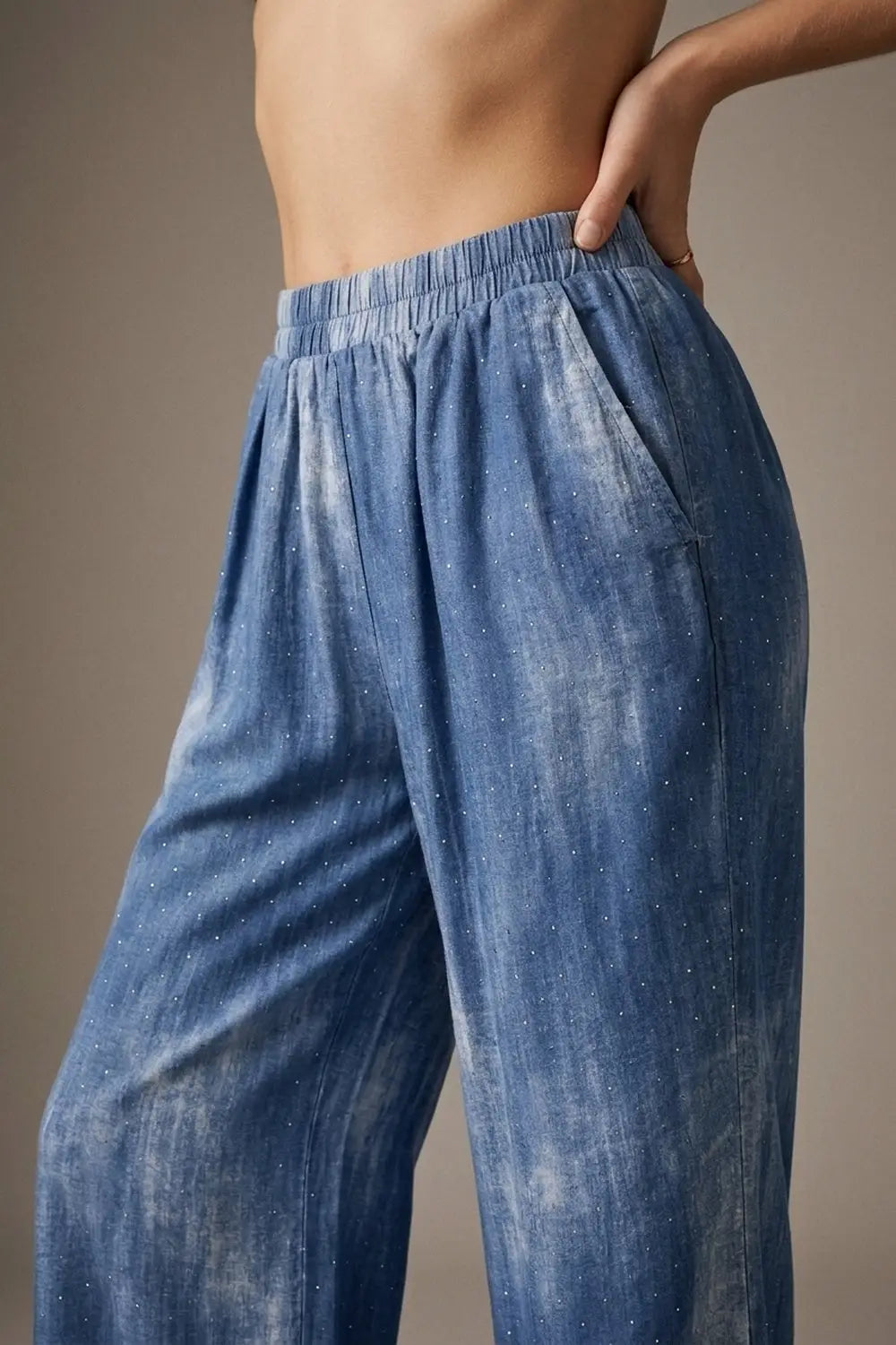Blue Tie-Dye chiffon Elastic Waist Pants with embellished strass - Pants