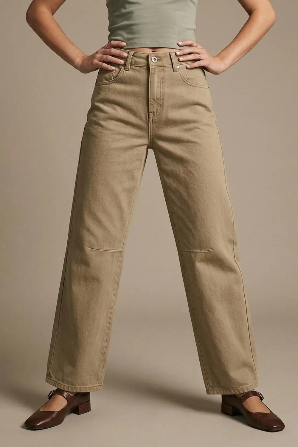 Beige Soft Stretch Denim Wide Leg Jeans with seam at the knee - Colored Jeans