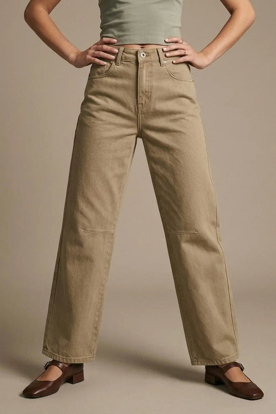 Beige Soft Stretch Denim Wide Leg Jeans with seam at the knee - Colored Jeans