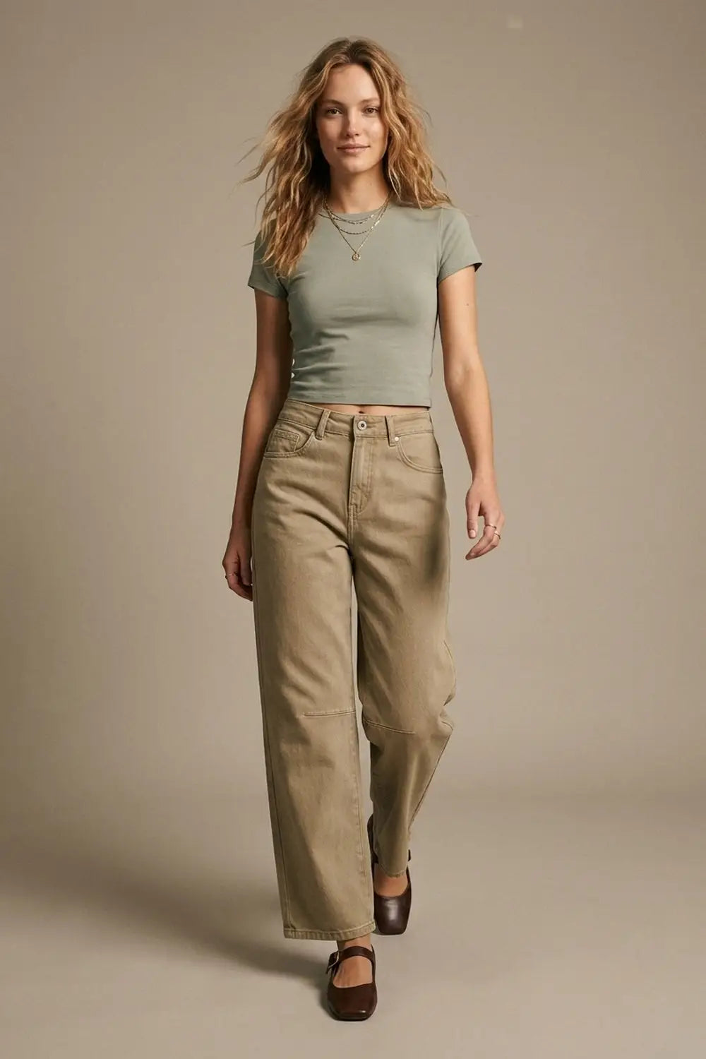 Beige Soft Stretch Denim Wide Leg Jeans with seam at the knee - Colored Jeans