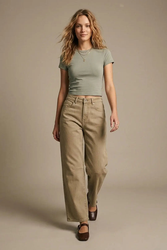 Beige Soft Stretch Denim Wide Leg Jeans with seam at the knee - Colored Jeans