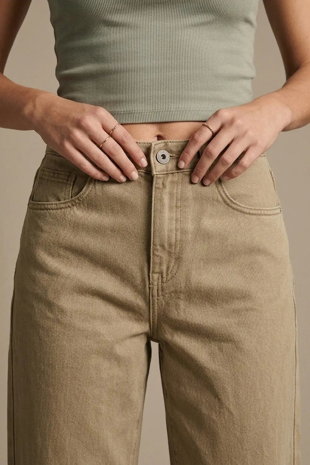 Beige Soft Stretch Denim Wide Leg Jeans with seam at the knee - Colored Jeans