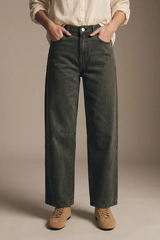 khaki Vintage Wash Denim Wide Leg Jeans with seam at the knee - Colored Jeans