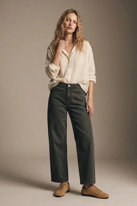 khaki Vintage Wash Denim Wide Leg Jeans with seam at the knee - Colored Jeans