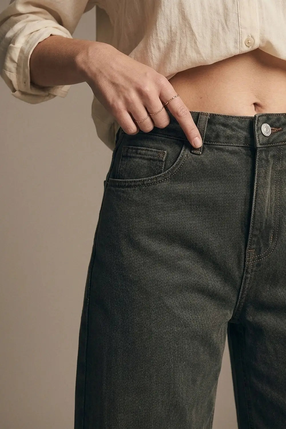 khaki Vintage Wash Denim Wide Leg Jeans with seam at the knee - Colored Jeans