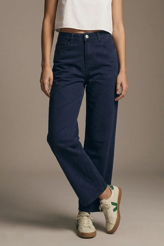Navy soft stretch Denim Wide Leg Jeans with seam at the knee - Colored Jeans