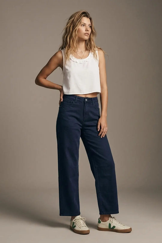Navy soft stretch Denim Wide Leg Jeans with seam at the knee - Colored Jeans