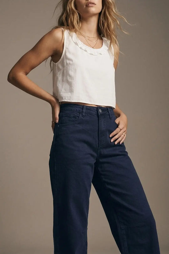 Navy soft stretch Denim Wide Leg Jeans with seam at the knee - Colored Jeans