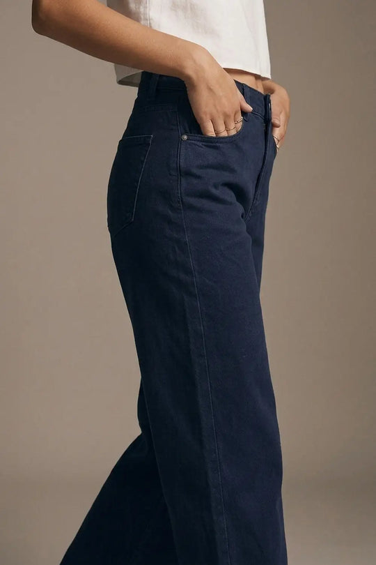 Navy soft stretch Denim Wide Leg Jeans with seam at the knee - Colored Jeans