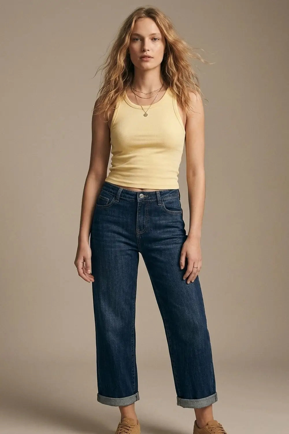 Blue Dark Wash mom jeans with Wide Leg and ankle length