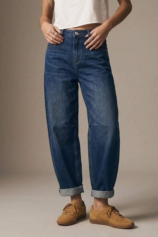 Blue Dark Wash Turn-Up leg Jeans with wide barrel leg style