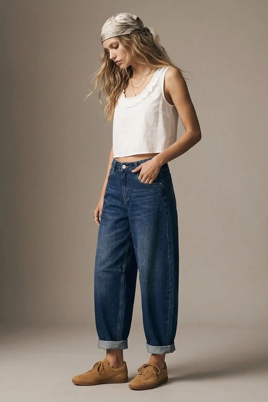 Blue Dark Wash Turn-Up leg Jeans with wide barrel leg style