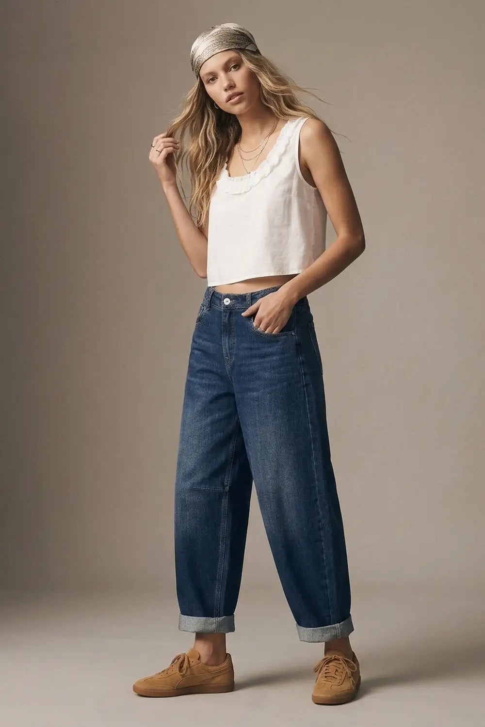 Blue Dark Wash Turn-Up leg Jeans with wide barrel leg style