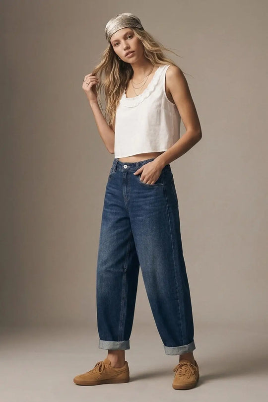 Blue Dark Wash Turn-Up leg Jeans with wide barrel leg style