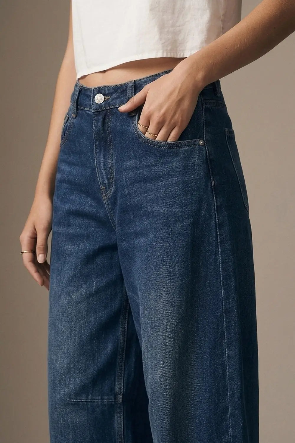 Blue Dark Wash Turn-Up leg Jeans with wide barrel leg style