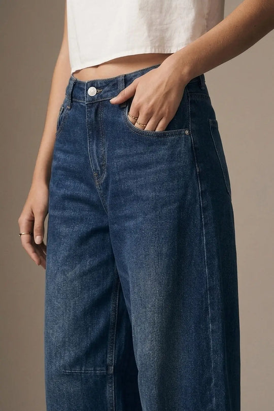 Blue Dark Wash Turn-Up leg Jeans with wide barrel leg style