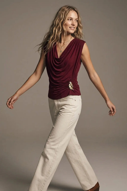 Burgundy Lightweight viscose top with Gold Accent and Draped Sleeveless - Tops