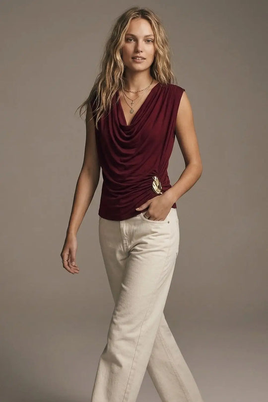 Burgundy Lightweight viscose top with Gold Accent and Draped Sleeveless - Tops