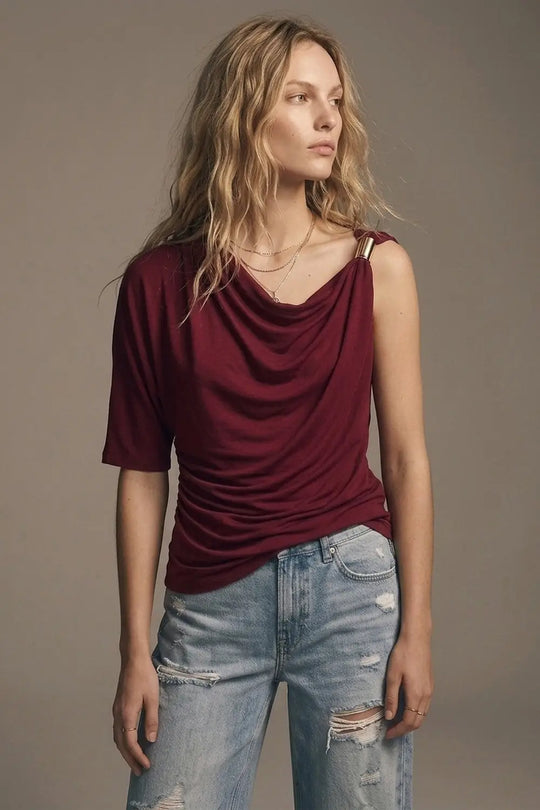 Burgundy Stretch Jersey Metal Accent Draped One-Shoulder Top - Shirts