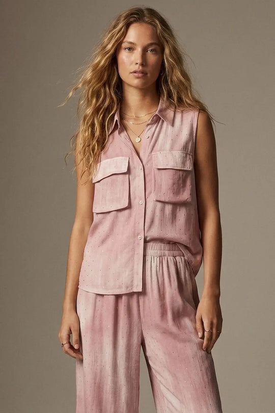 Pink Tie-Dye Sleeveless Shirt with embellished Rhinestone - Shirts