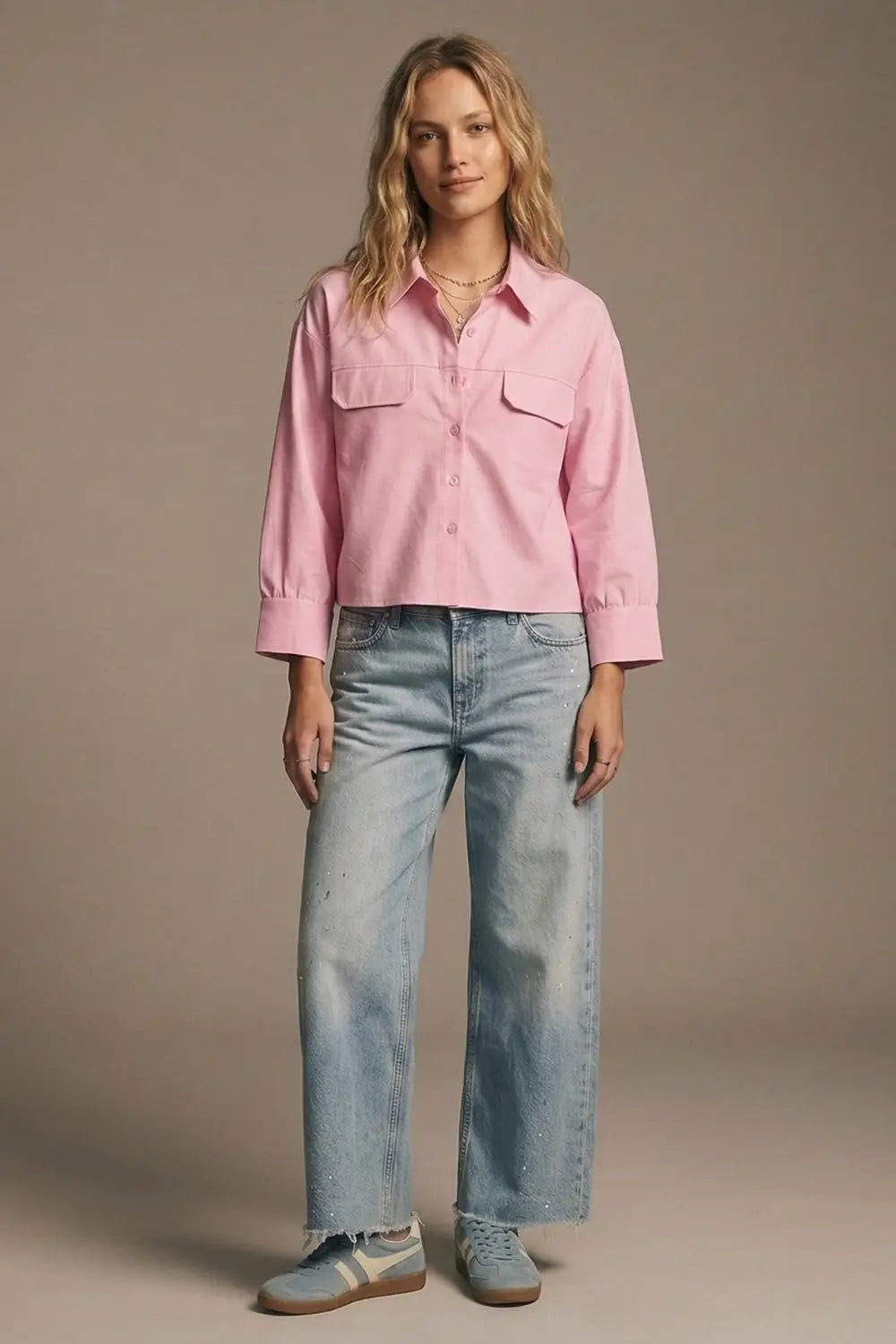 Pink oxford fabric Cropped Shirt with Chest Pockets - PINK / ONE - Shirts