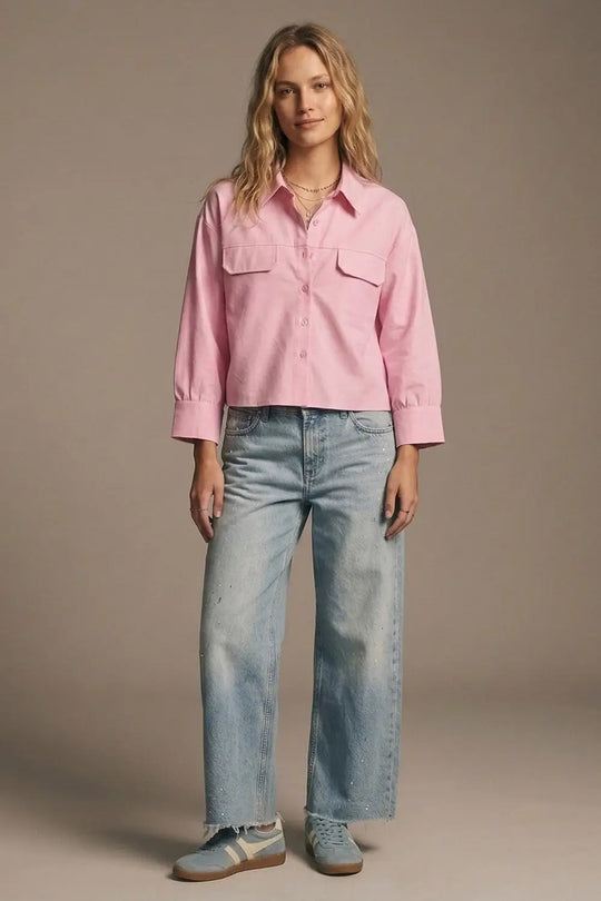 Pink oxford fabric Cropped Shirt with Chest Pockets - PINK / ONE - Shirts