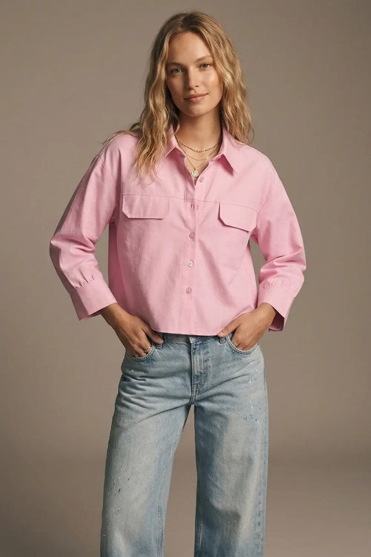 Pink oxford fabric Cropped Shirt with Chest Pockets - PINK / ONE - Shirts