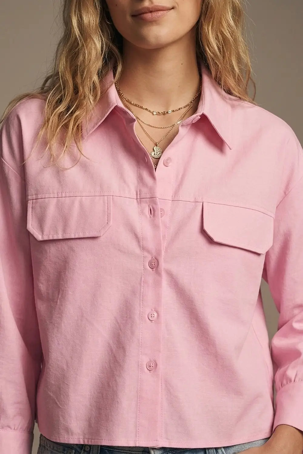 Pink oxford fabric Cropped Shirt with Chest Pockets - PINK / ONE - Shirts