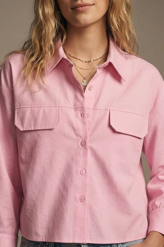 Pink oxford fabric Cropped Shirt with Chest Pockets - PINK / ONE - Shirts