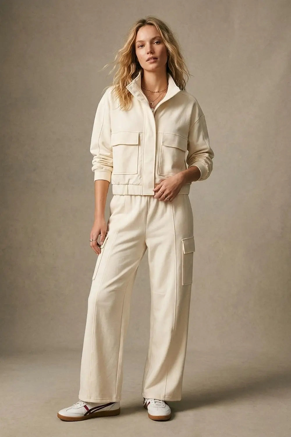 Cream viscose High Collar Pocket Front Relaxed Fit Bomber Jacket - Jackets