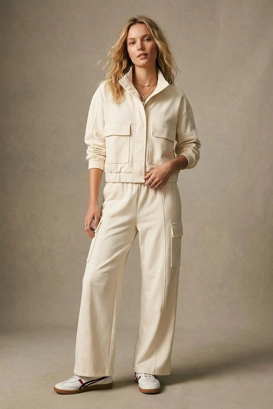 Cream viscose High Collar Pocket Front Relaxed Fit Bomber Jacket - Jackets