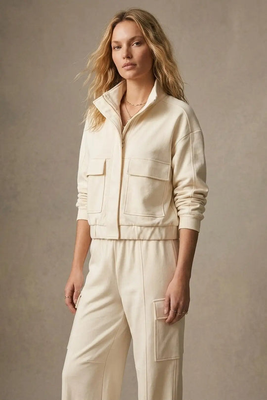 Cream viscose High Collar Pocket Front Relaxed Fit Bomber Jacket - Jackets