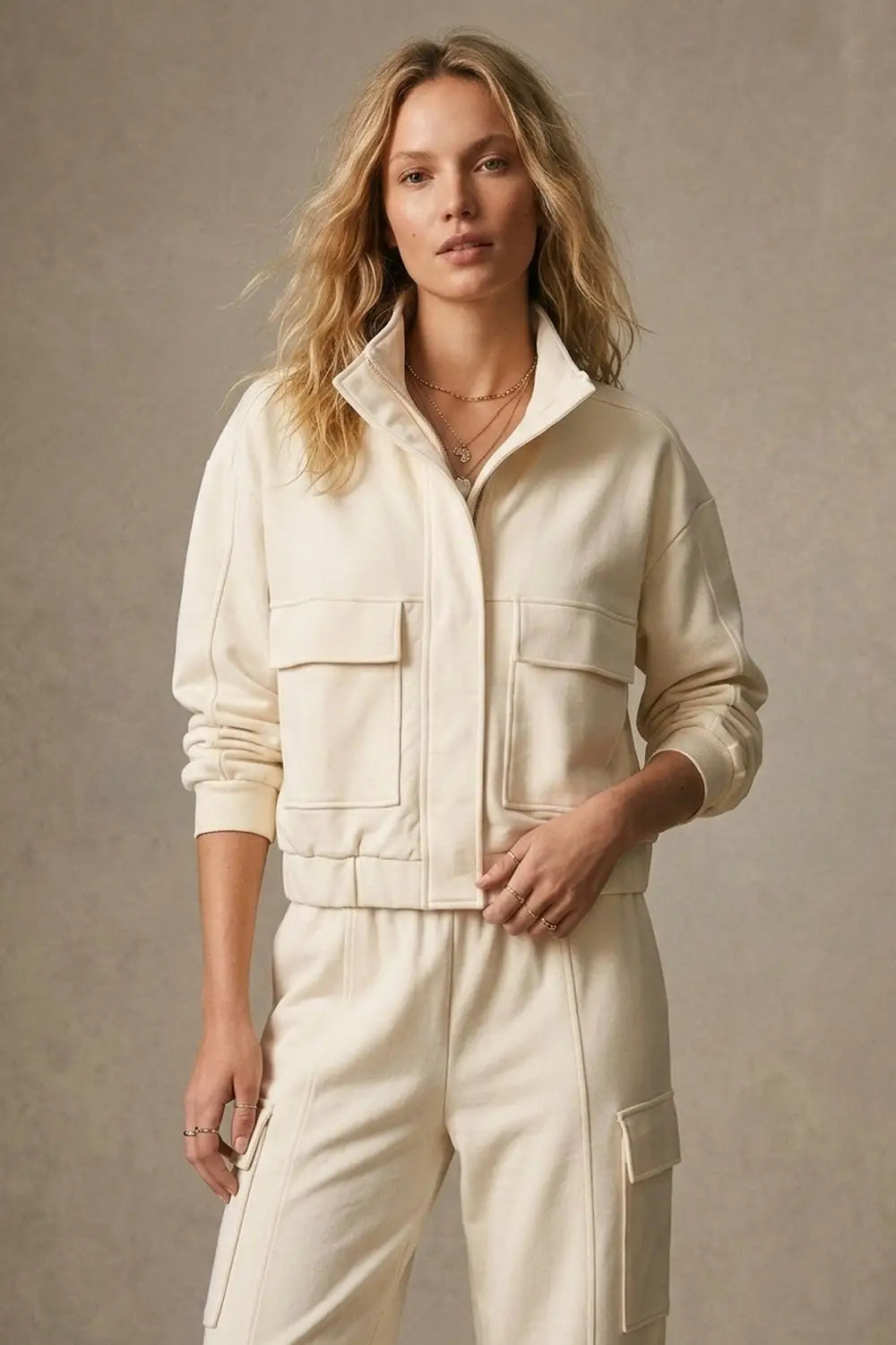 Cream viscose High Collar Pocket Front Relaxed Fit Bomber Jacket - Jackets