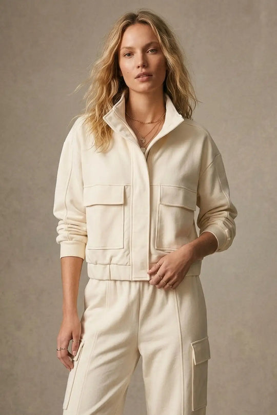 Cream viscose High Collar Pocket Front Relaxed Fit Bomber Jacket - Jackets