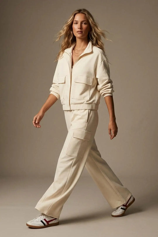 Cream viscose Elastic Waist Cargo Pocket Wide Leg Pants - Pants
