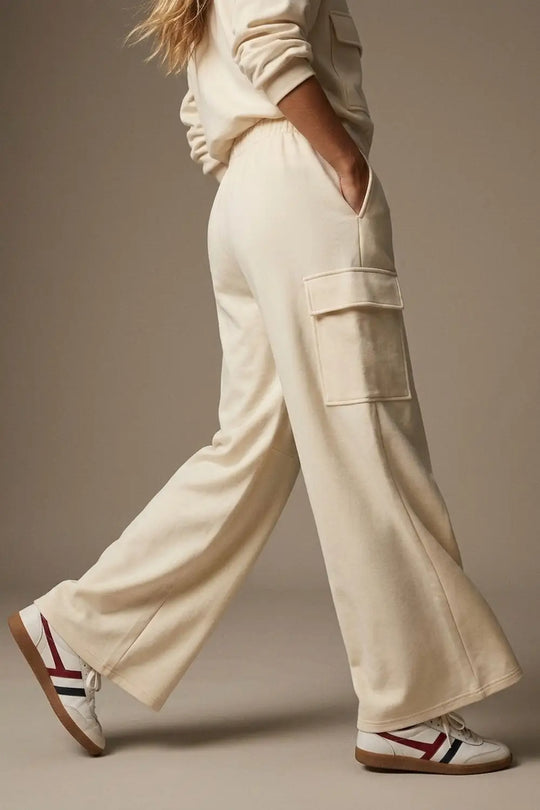 Cream viscose Elastic Waist Cargo Pocket Wide Leg Pants - Pants