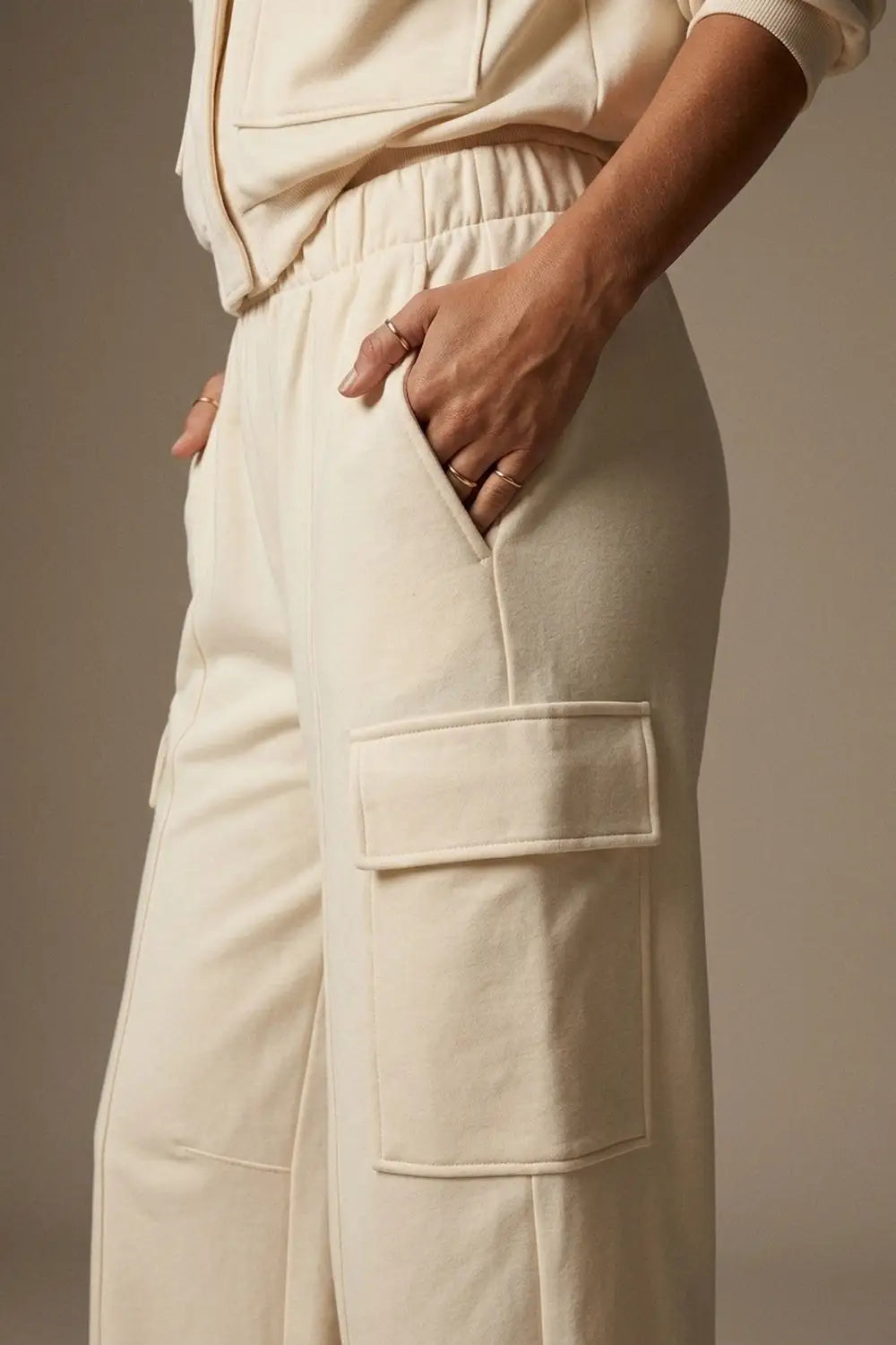 Cream viscose Elastic Waist Cargo Pocket Wide Leg Pants - Pants