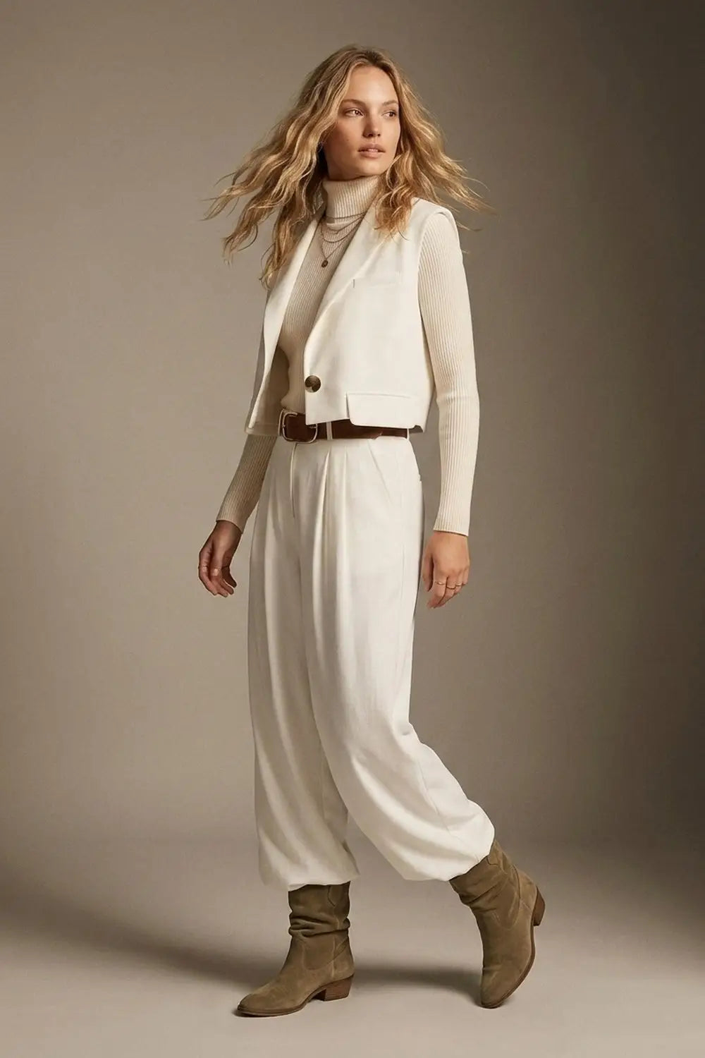 White Woven Tailored Shawl Lapel Single Button Cropped Vest - Jackets