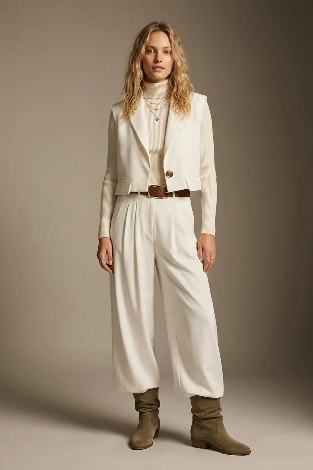 White Woven Tailored Shawl Lapel Single Button Cropped Vest - Jackets