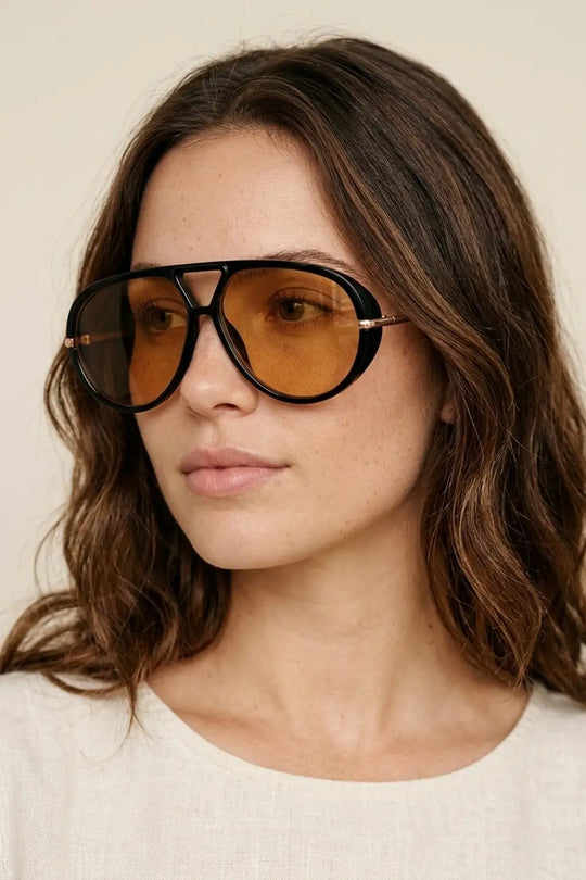 Black Oversize Aviator Frame Brown Lens Sunglasses - ORANGE / ONE - Sunglasses